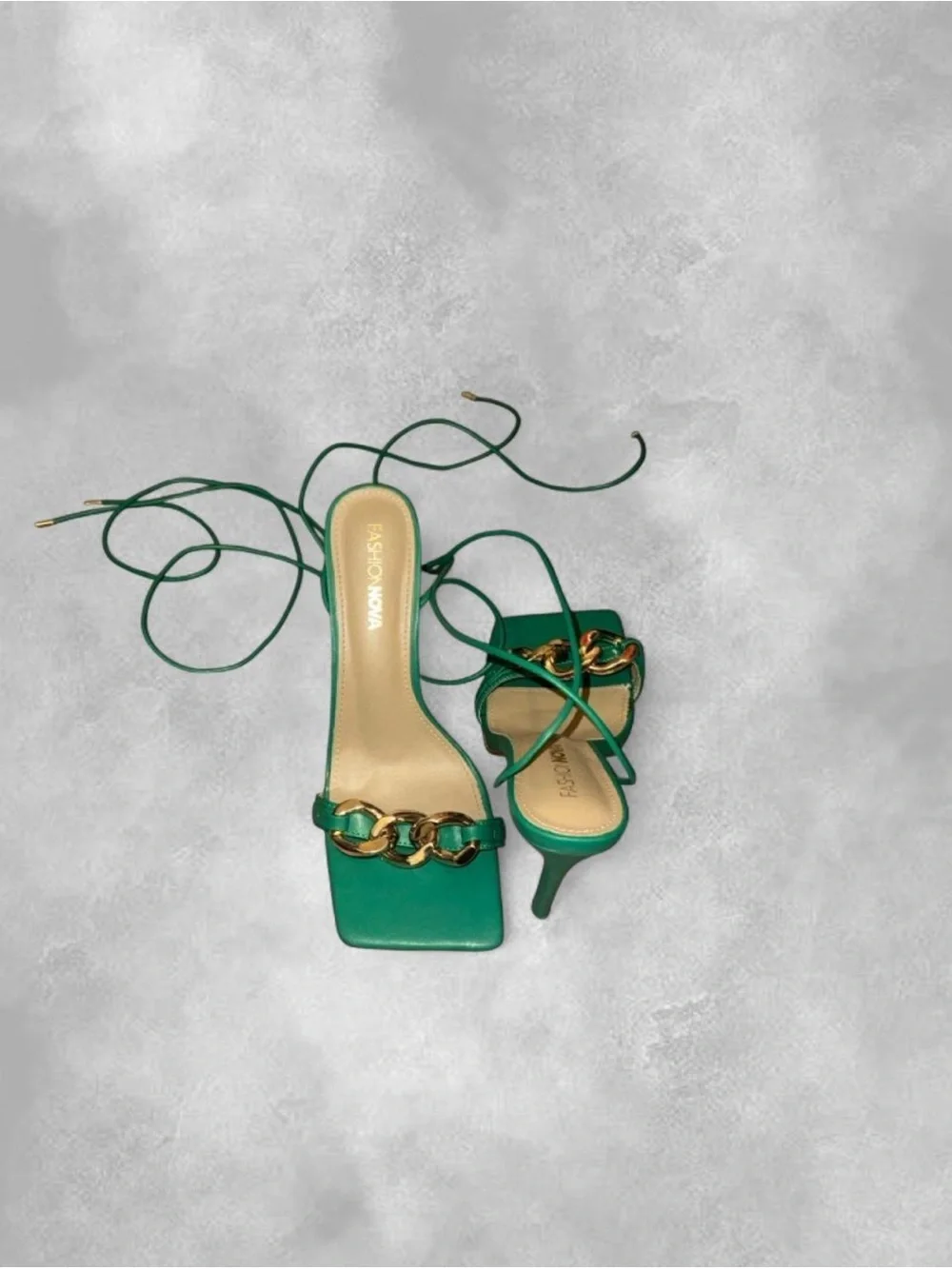 Fashion Nova Popstar Chain Heels –Green & Gold Lace-Up Stiletto Sandals Size 8.5